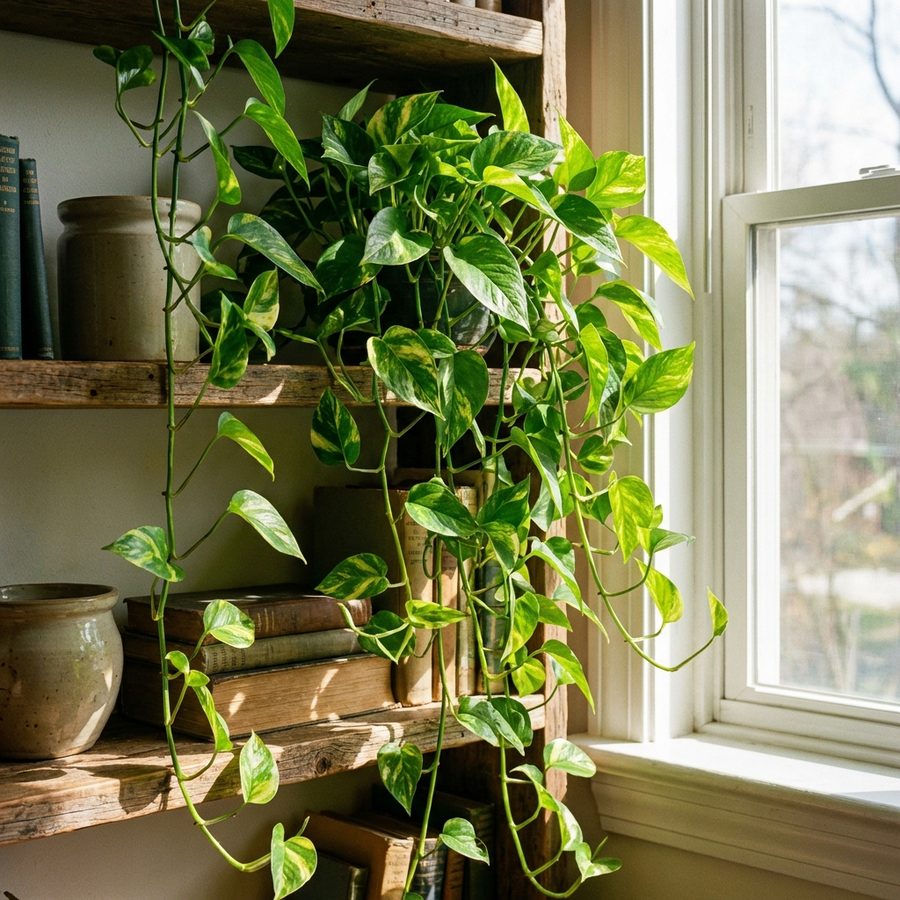 Golden pothos with trailing variegated green and yellow leaves